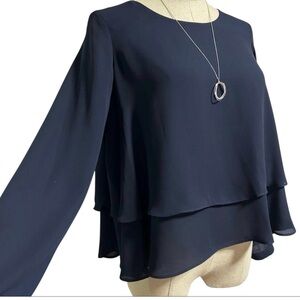 ZARA Basic Women’s Navy Sheer Round Neck Layered Chiffon Frill Blouse Sz XS